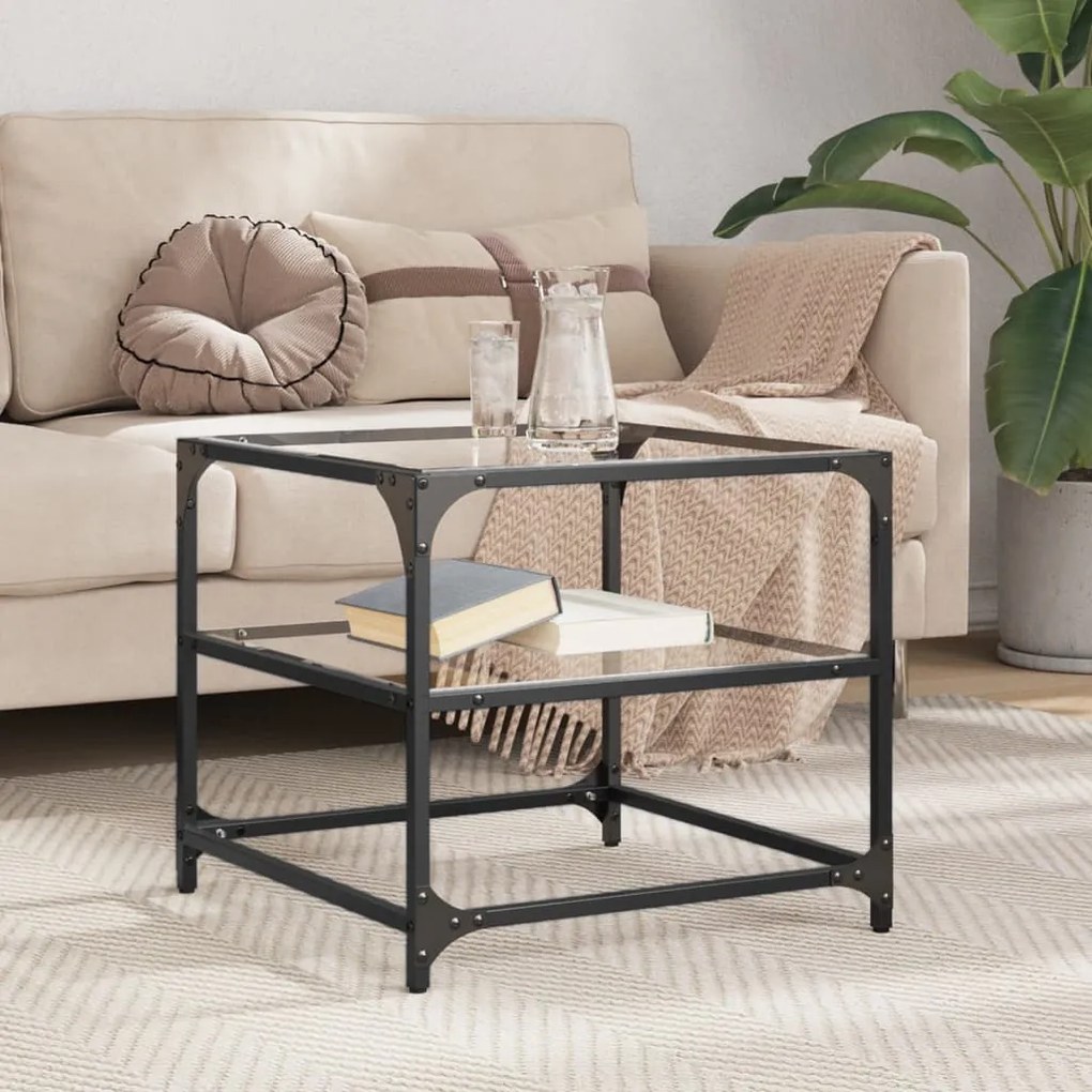 vidaXL Mesa de centro c/ tampo em vidro transparente 50x50x45 cm aço