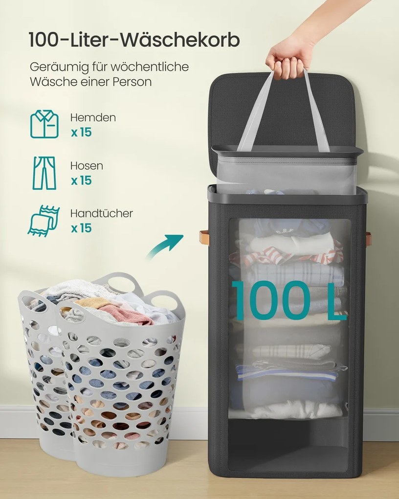 Cesto de roupa suja prático 42 x 32 x 75 cm com compartimentos e tampa Preto