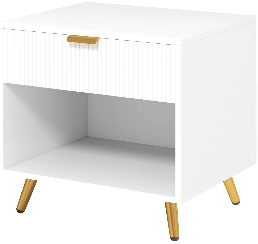 HOMCOM Mesa de Cabeceira Moderna com Gaveta Puxador Dourado e Compartimento Aberto 50x40x47 cm Branco