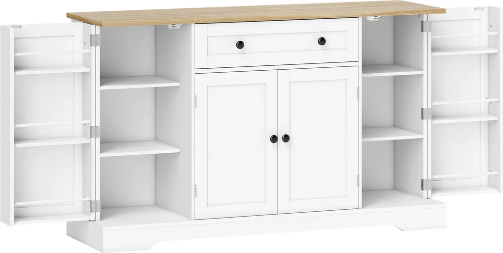 HOMCOM Aparador Armário de Cozinha com 4 Portas, Gaveta, Prateleira Ajustável, Prateleiras na Porta para Cozinha, Sala de Jantar, 138x40x85cm, Branco | Aosom Portugal
