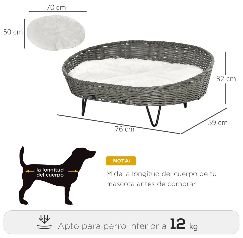 Cama para Cães e Gatos de Vime Cama de Vime para Animais de Estimação Médios e Pequenos com Almofada Lavável e Pés Elevados 76x59x32cm Cinza