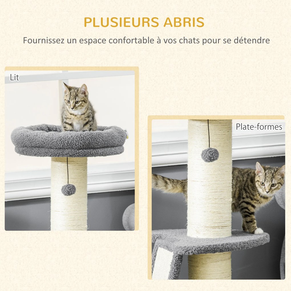 Árvore para gatos com arranhador em forma de tronco de sisal, bolas suspensas e plataforma de observação, altura 92 cm - cinzento
