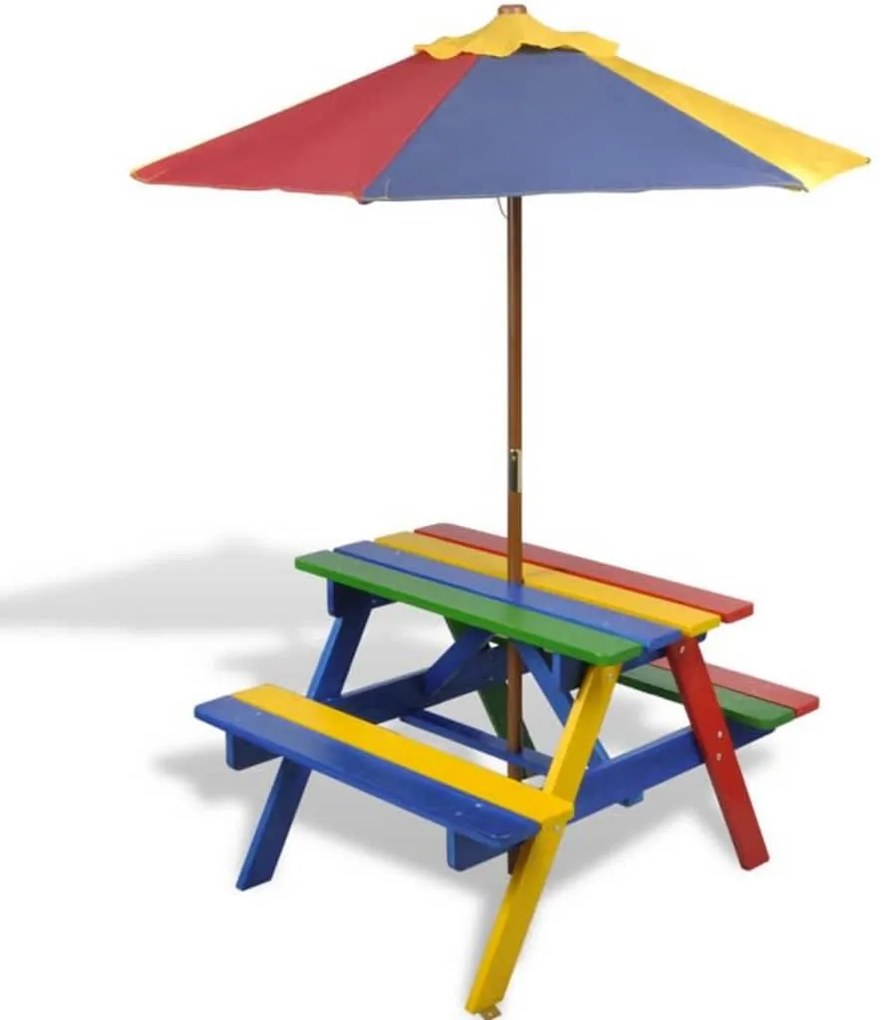 Mesa piquenique infantil + bancos/guarda-sol madeira multicor