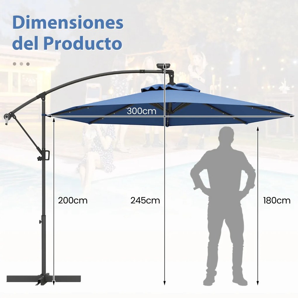 Guarda-sol exterior de 3 m com rotação de 360° e 32 com luzes LED Ajuste fácil da inclinação Manivela Azul