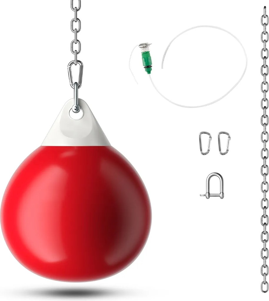 Saco de boxe com água de 45 cm e 50 kg com corrente metálica ajustável, mangueira de injeção de água, soco de boxe para adultos, vermelho e branco