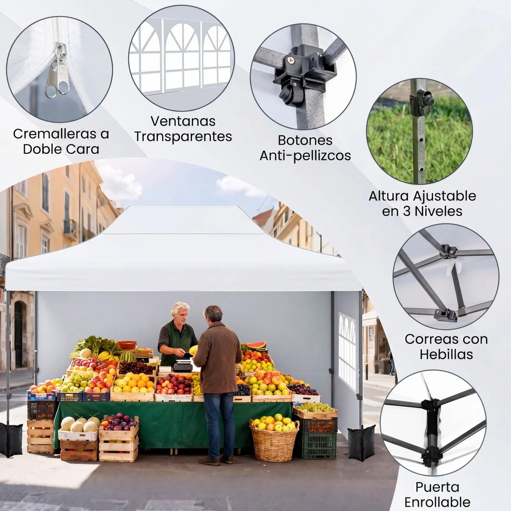 Tenda dobrável 431 x 291 cm, pop-up com 4 paredes amovíveis, altura ajustável, 4 x Sacos de areia, saco de transporte, rodas, impermeável, para pátio,