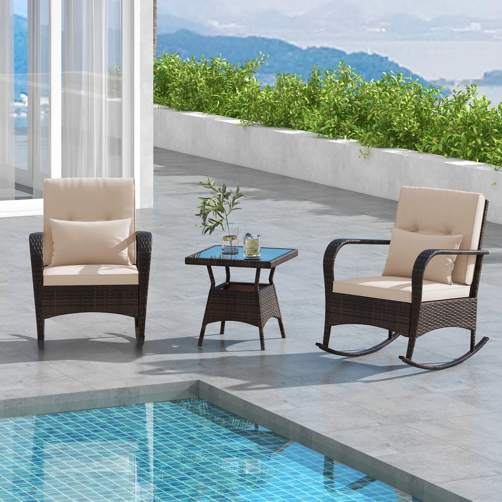 Conjunto de 2 Cadeiras de Baloiço e Mesa de Jardim, 84 x 67 x 86 cm, Estrutura em Rattan PE, Castanho