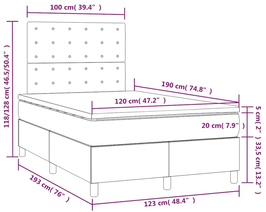 Cama box spring c/ colchão e LED 120x190 cm tecido cor creme