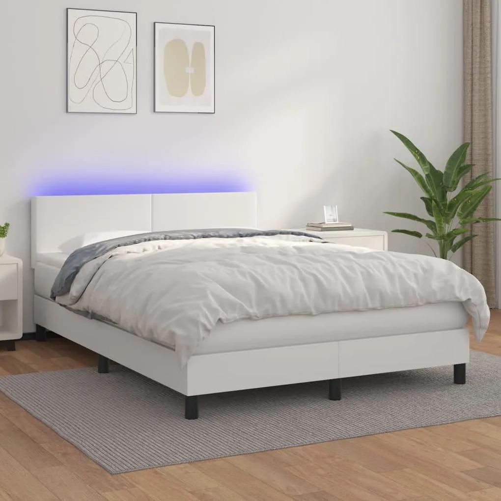 Cama box spring c/colchão/LED 140x200cm couro artificial branco