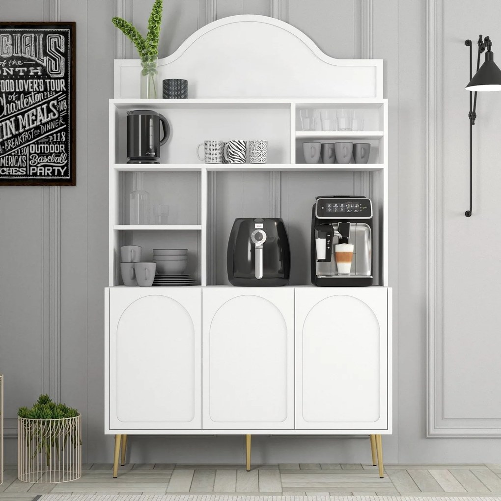 Armário Alto de Cozinha "Coffee" - 200x120x35 cm - Branco e Dourado -