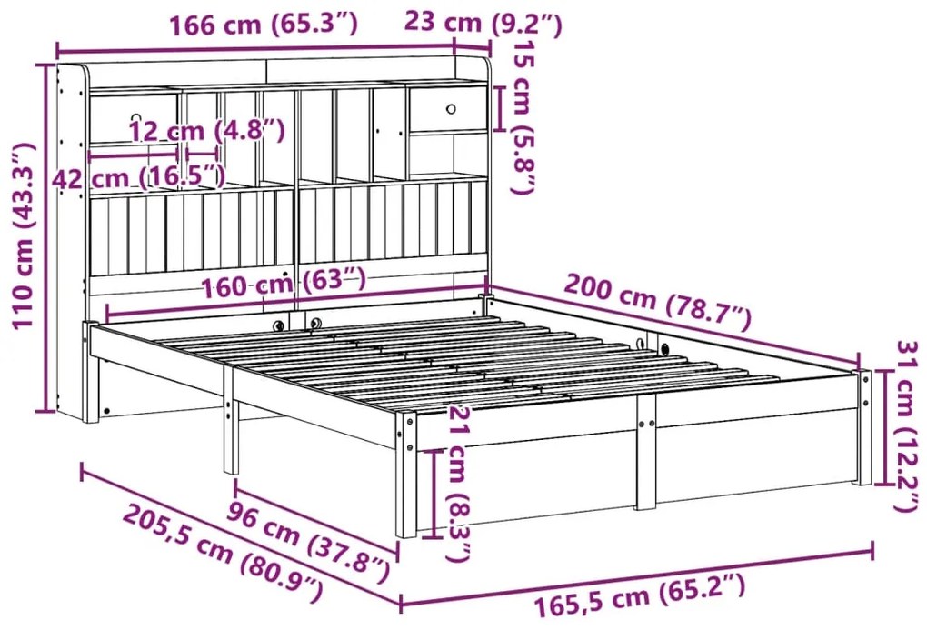 Cama com estante sem colchão 160x200 cm pinho maciço