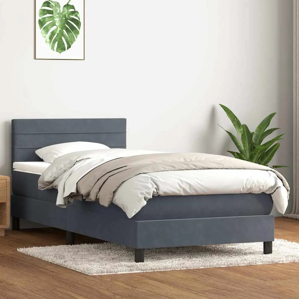 Cama com molas/colchão 90x220 cm veludo cinzento-escuro