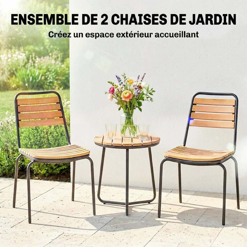 Conjunto de 2 cadeiras de jardim empilháveis, assento e encosto em madeira maciça com ripas, estrutura em aço, 61 x 47 x 81 cm, natural