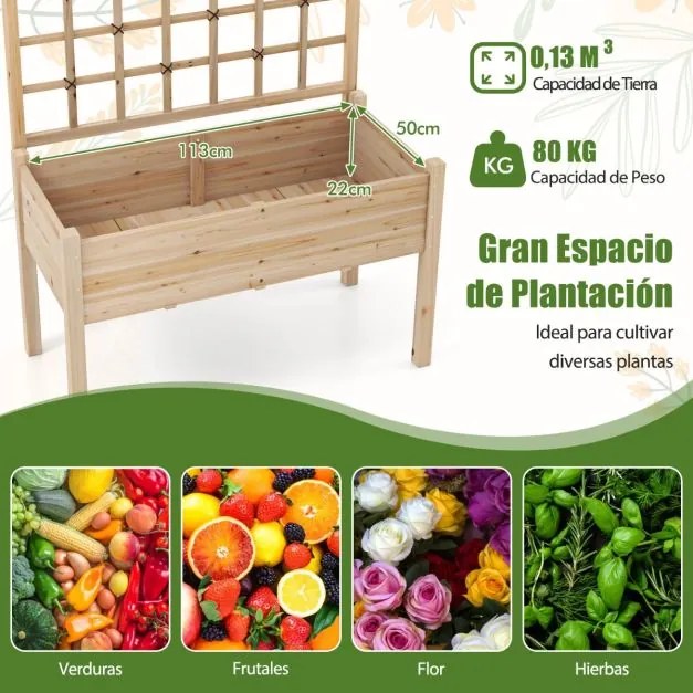 Floreira de jardim elevada com treliça e orifícios de drenagem para exterior 117 x 60 x 160 cm Natural