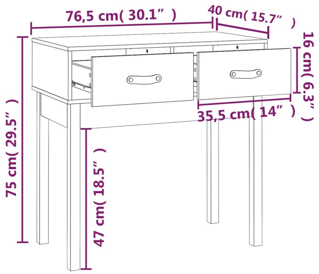 Mesa consola 76,5x40x75 cm madeira de pinho maciça cinzento