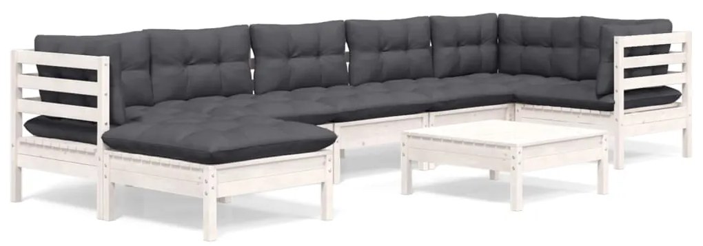 8 pcs conj. lounge de jardim c/ almofadões pinho maciço branco