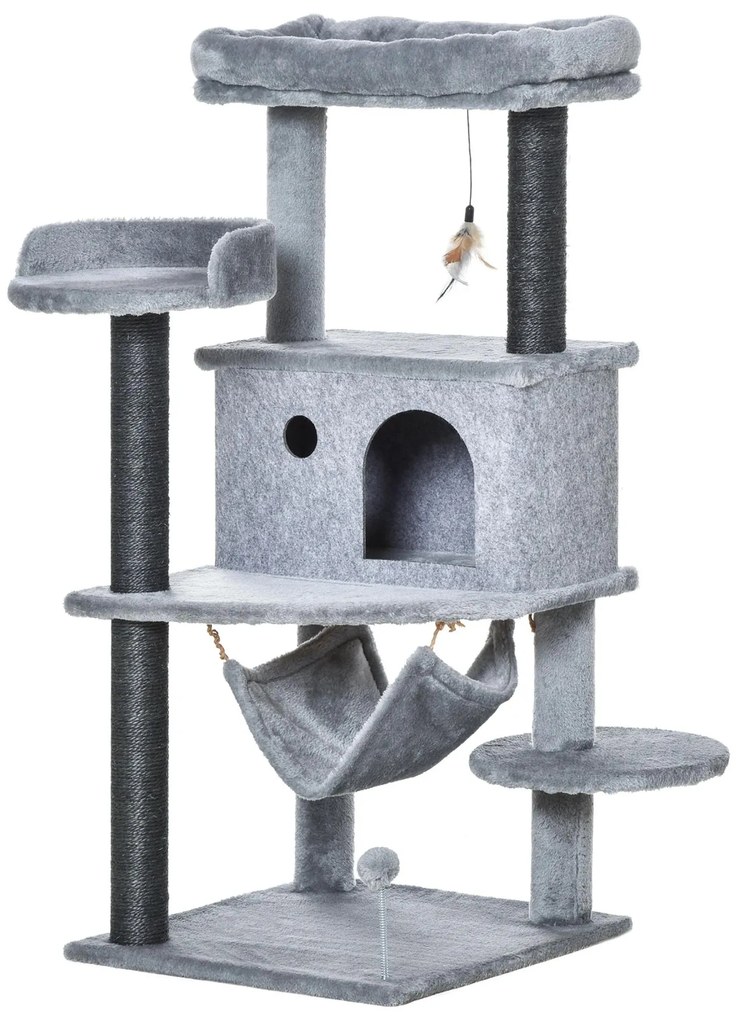 PawHut Árvore Arranhadora para Gatos 48x48x107cm com Caverna de Feltro Desmontável Rede Camas de Felpa Múltiplas Plataformas Poste Arranhador de Sisal e Brinquedos Cinza