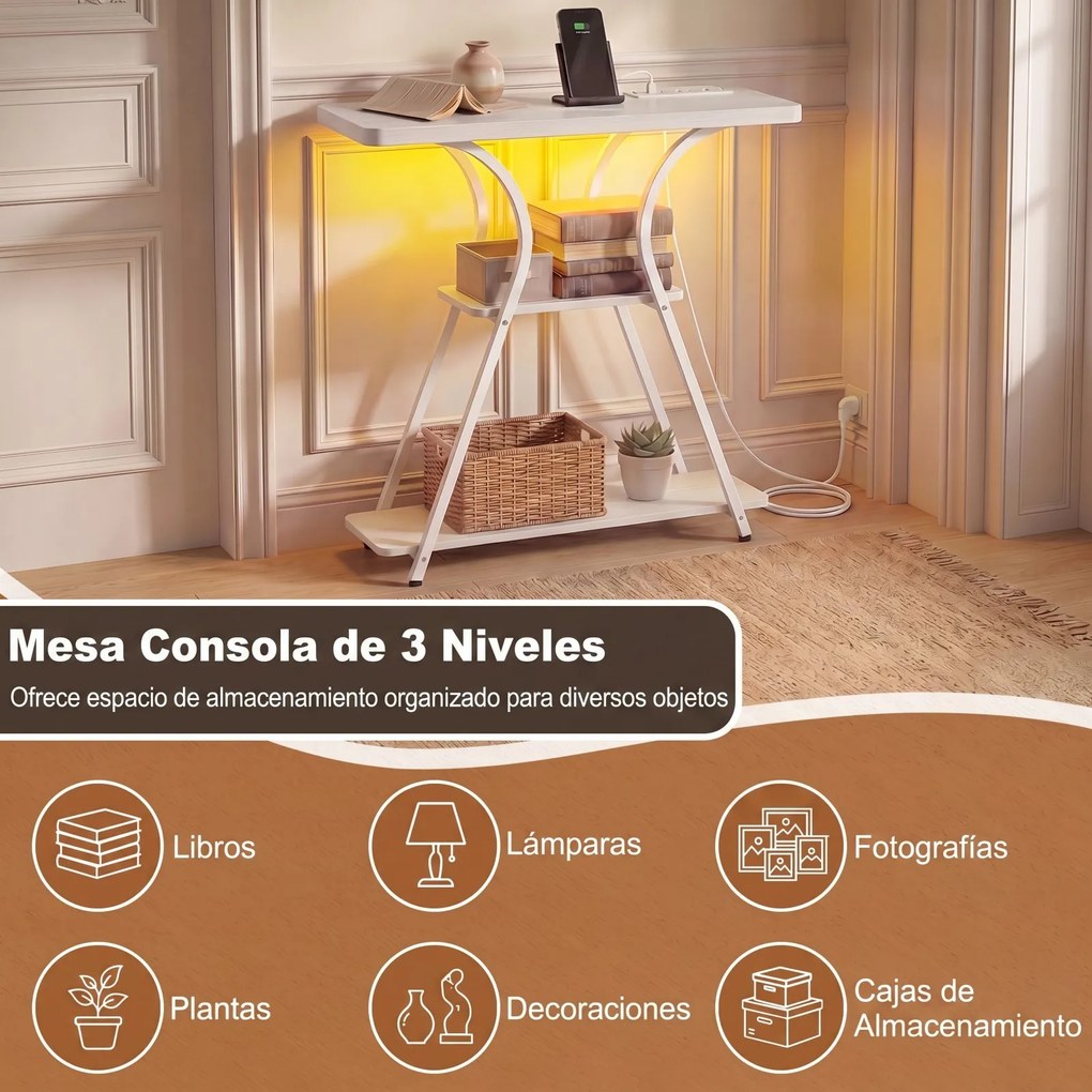 Mesa consola com luzes LED e base de carregamento 79,5 x 30,5 x 81,5 cm, 3 níveis, estantes abertas, kit anti-tombamento, estrutura metálica, para sal