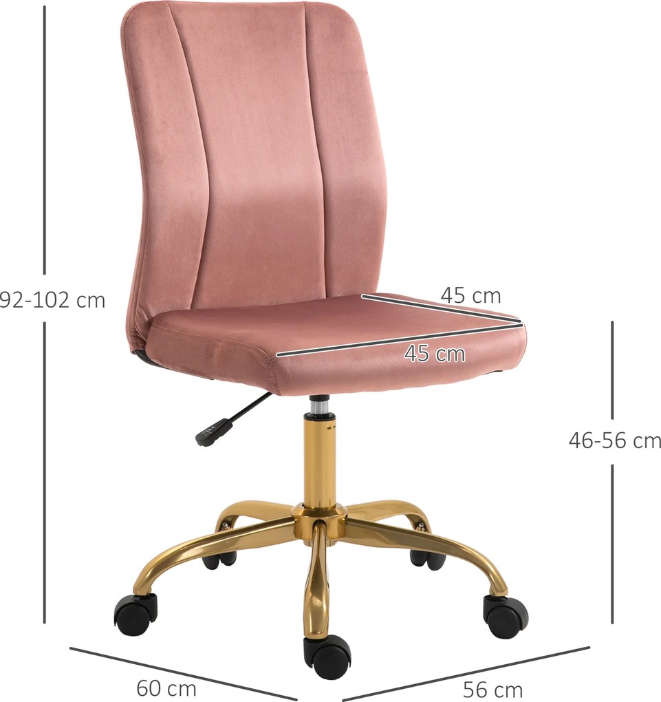 Cadeira de escritório giratória a 360°, ergonómica, encosto curvo, altura ajustável, revestimento em veludo, 56 x 60 x 102 cm, rosa e dourado
