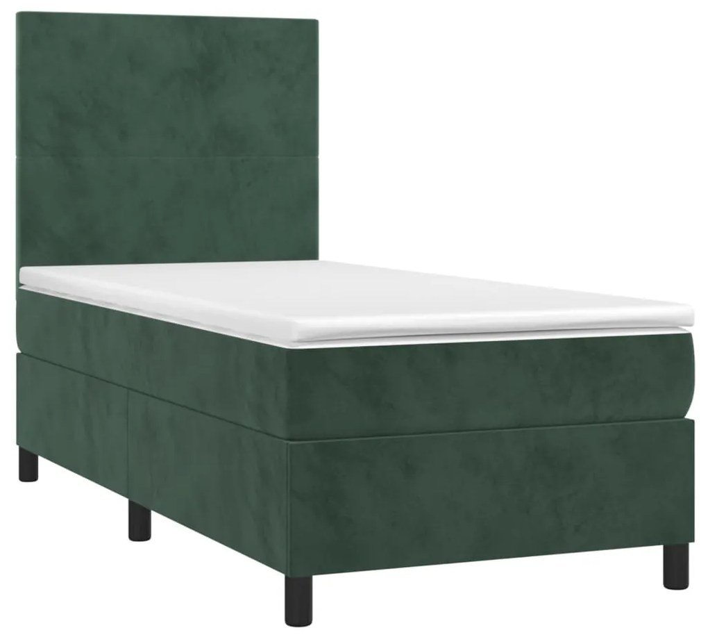 Cama box spring c/ colchão/LED 90x200 cm veludo verde-escuro