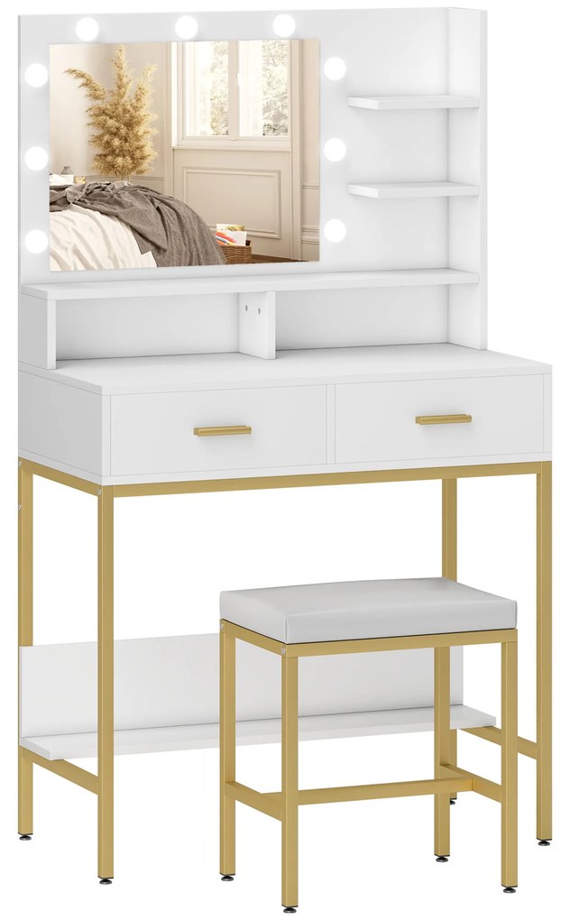HOMCOM Toucador de Maquilhagem com Luz e Banco Mesa de Maquilhagem com 2 Gavetas e Prateleiras Estilo Moderno para Quarto Branco | Aosom Portugal