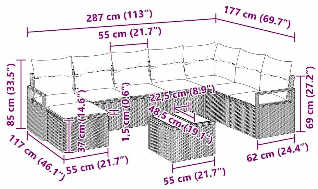 Conjunto de Sofá de Jardim 8 Peças com Almofadas em Rattan Sintético M