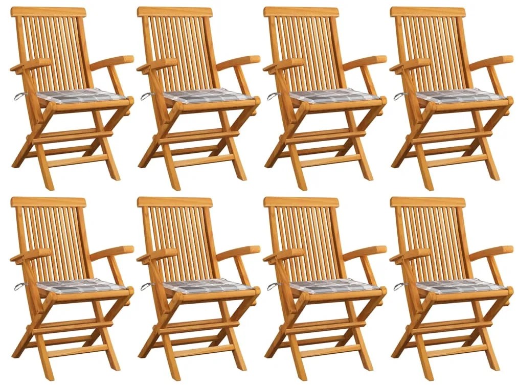 Cadeiras de jardim c/ almofadões xadrez cinzento 8 pcs teca