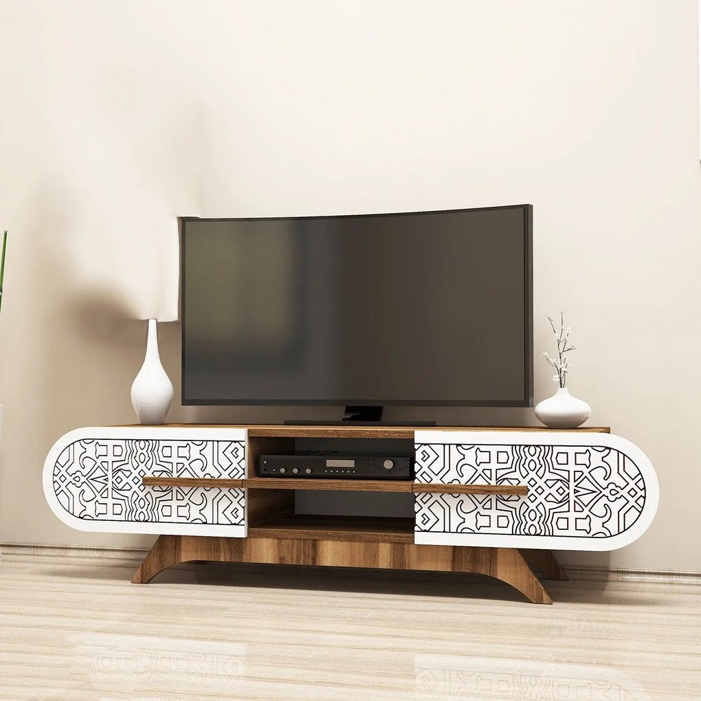 Móvel TV Defne – Nogueira e Branco – 145x37x37 cm