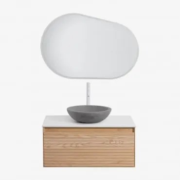 Conjunto De Móvel De Casa De Banho Suspenso Em Madeira De Freixo Tedrik Castanho Fresno & Cimento Cinzento Redondo Ø40 Cm Tarsis & Oval - Sklum