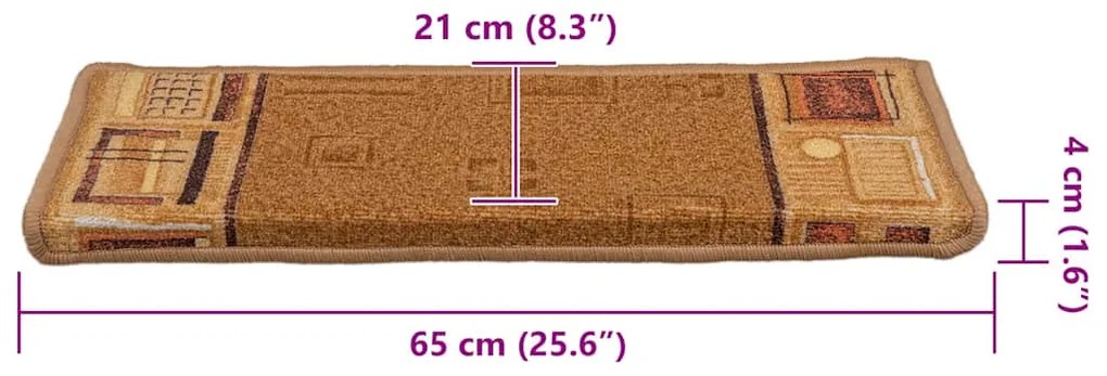 Tapetes de escada autoadesivos 15 pcs 65x21x4 cm bege
