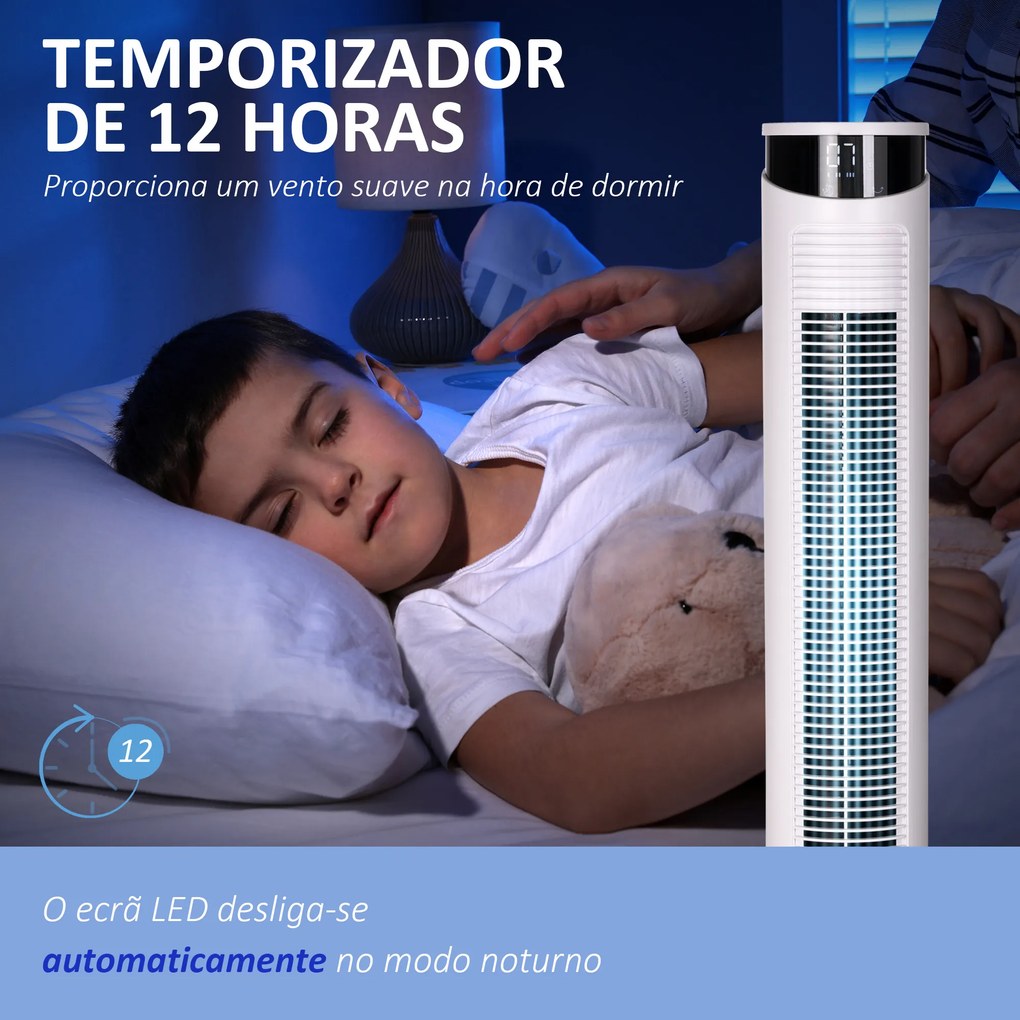 HOMCOM Ventoinha de Coluna Oscilante 45 W com Controlo Remoto Temporizador de 12h 3 Velocidades 3 Modos Ecrã LED e Alça de Transporte para Dormitório Ø31,5x93 cm Branco