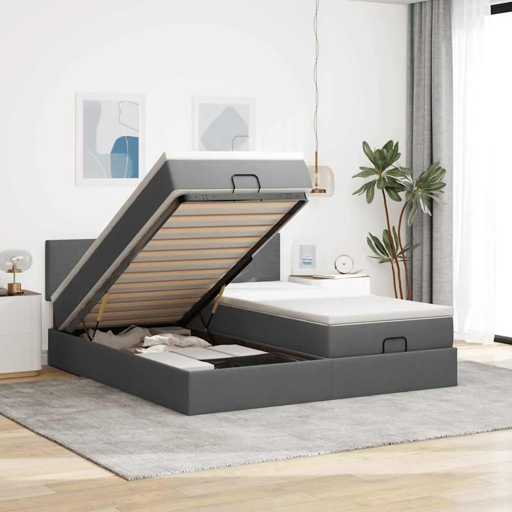 Estrutura de cama otomana com colchões tecido cinzento escuro