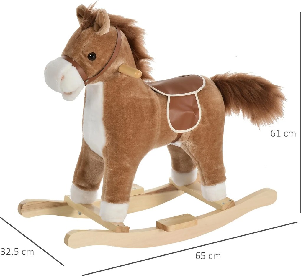 Cavalo Baloiço para Crianças Cavalo Baloiço de Pelúcia Suave com Música Relinchos Sons de Galope Boca e Cauda Móveis 65x32,5x61 cm Castanho