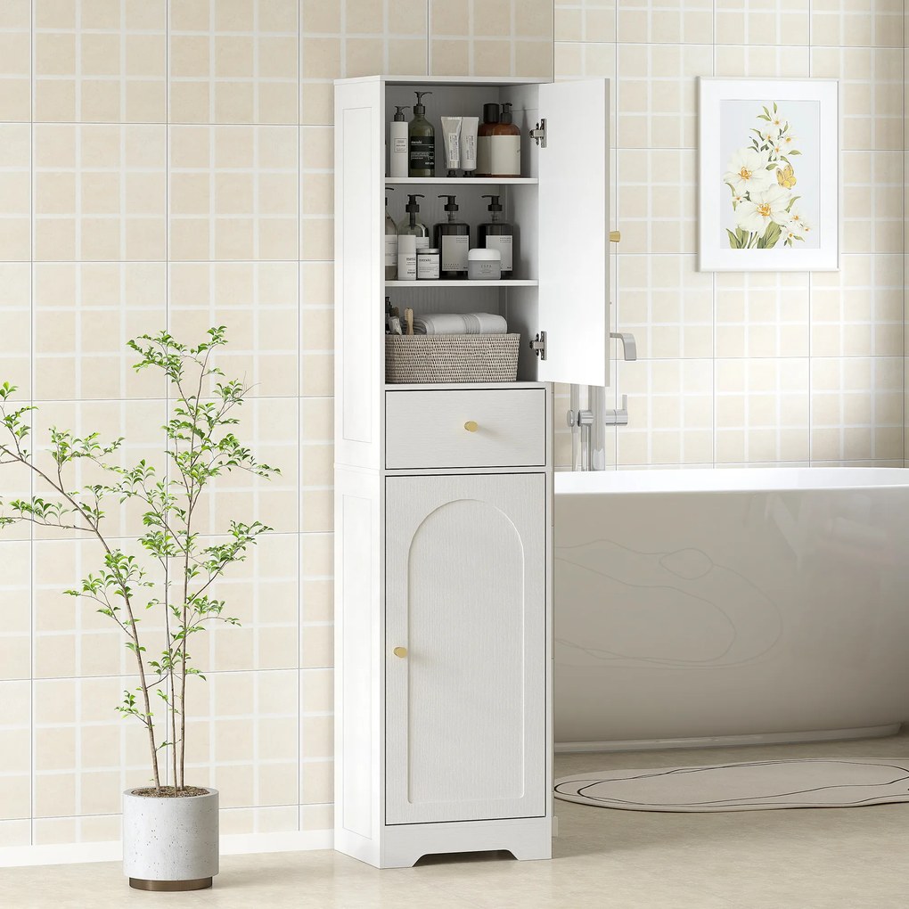 Coluna Casa de Banho com 2 Portas Arqueadas Gaveta e Prateleiras Ajustáveis Armário Alto Casa de Banho 40x29,5x170 cm Branco com Veios