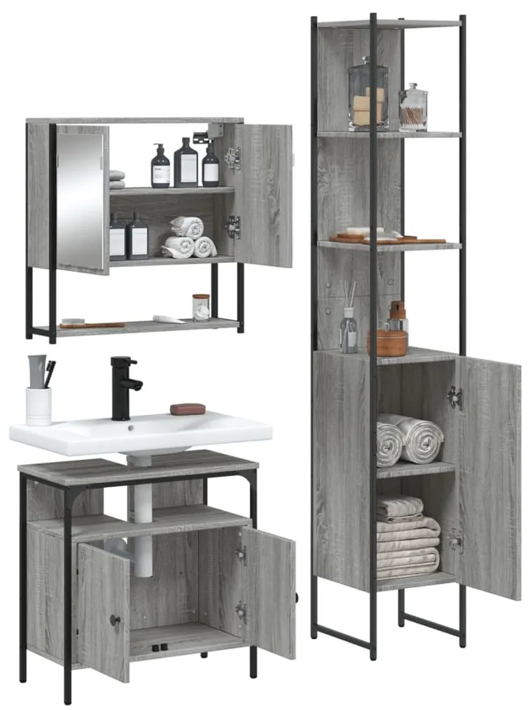 3 pcs Conjunto móveis casa de banho madeira proc. cinza sonoma
