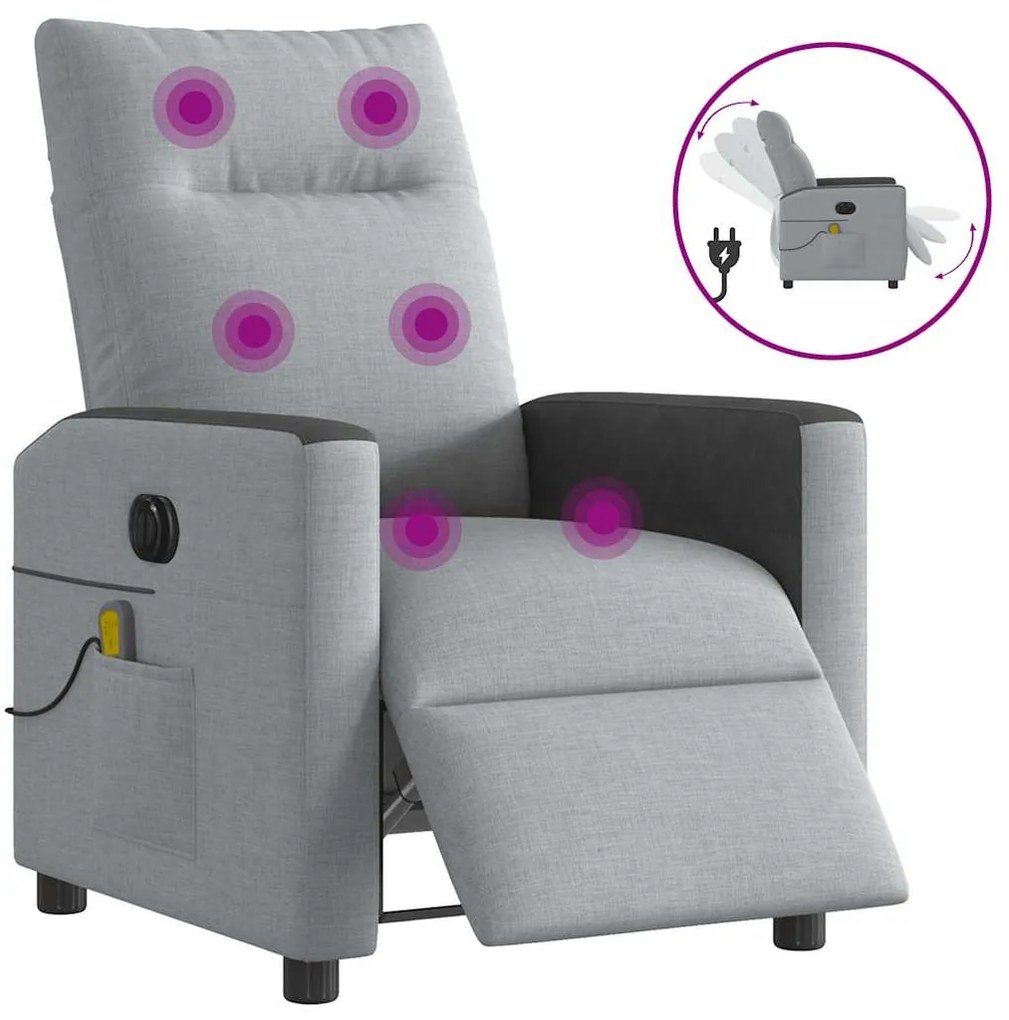 vidaXL Poltrona de massagens reclinável elétrica tecido cinzento-claro