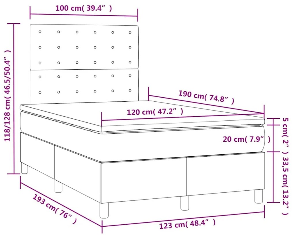 Cama box spring c/ colchão e LED 120x190 cm couro artif. preto