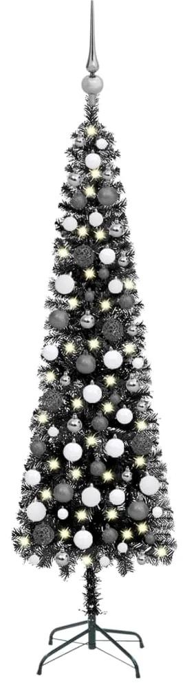 3078111 vidaXL Árvore de Natal fina com luzes LED e bolas 120 cm preta