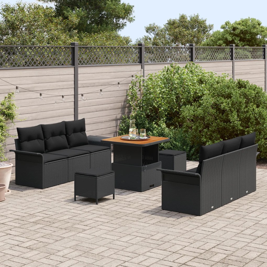 Conjunto de Sofá de Jardim com Almofadas Preto Vime Acácia - 9 Peças