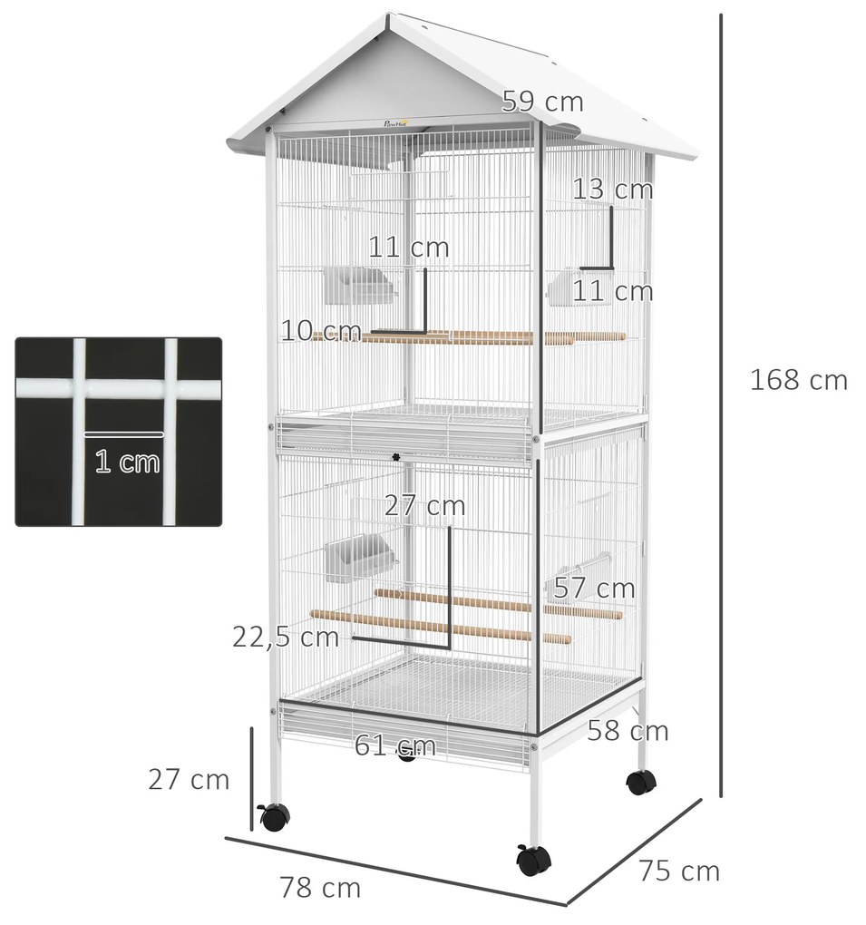 Gaiola para Pássaros 2 em 1 com 2 Andares Rodas 4 Comedouros 4 Poleiros e Bandejas Amovíveis 78x75x168 cm Branco