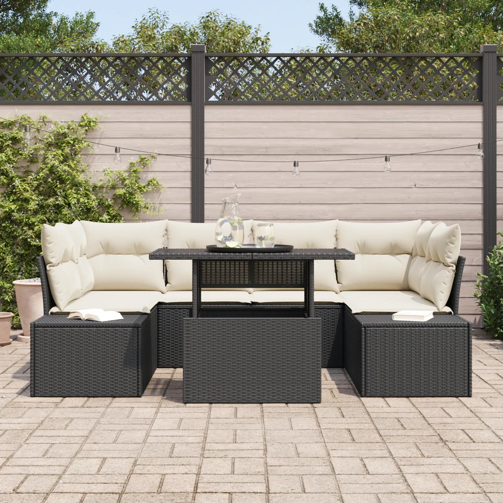 Conjunto de Sofá de Jardim com 7 Peças e Almofadas Preto em Rattan