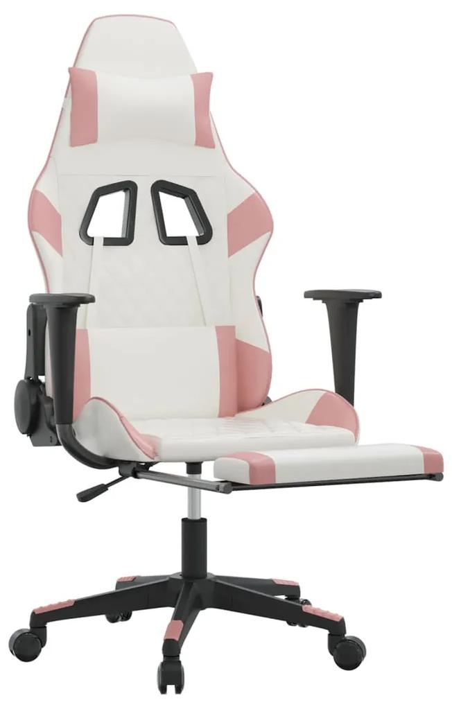 Cadeira gaming com apoio p/ pés couro artificial branco e rosa