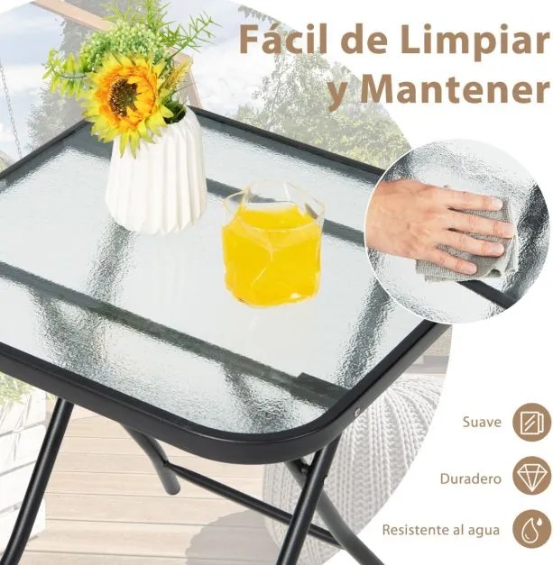Mesa para jardim quadrada de 46,5 cm com estrutura resistente à ferrugem e tampo de vidro temperado para piscina e varanda jardim Preto