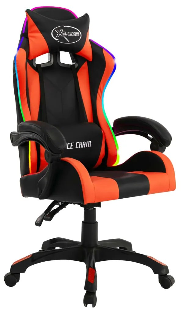 Cadeira estilo corrida luzes LED RGB couro artif. laranja/preto