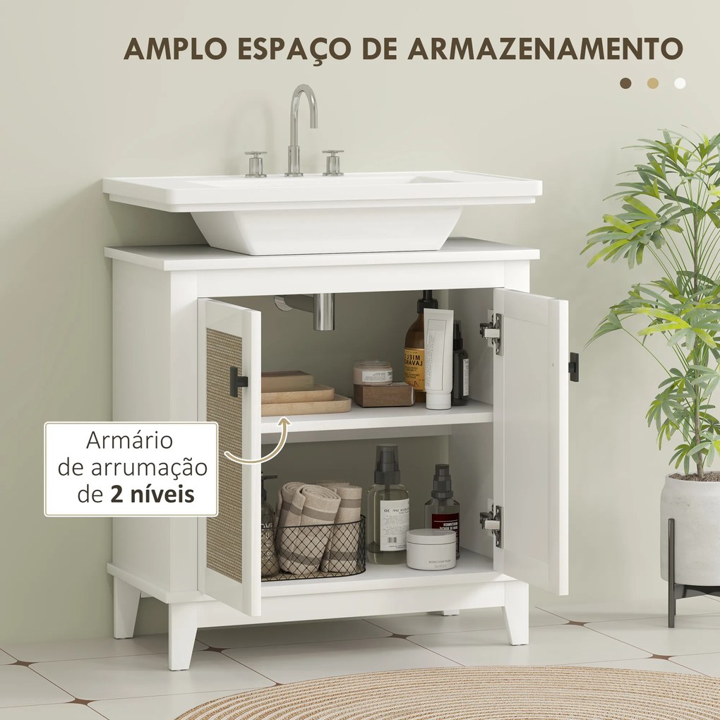 HMóvel para Lavatório (NÃO INCLUIDO) Pousar com 2 Portas de Vime PE 2 Prateleiras e Sistema Anti-Tombo para Casa de Banho 60x30x30 cm Branco