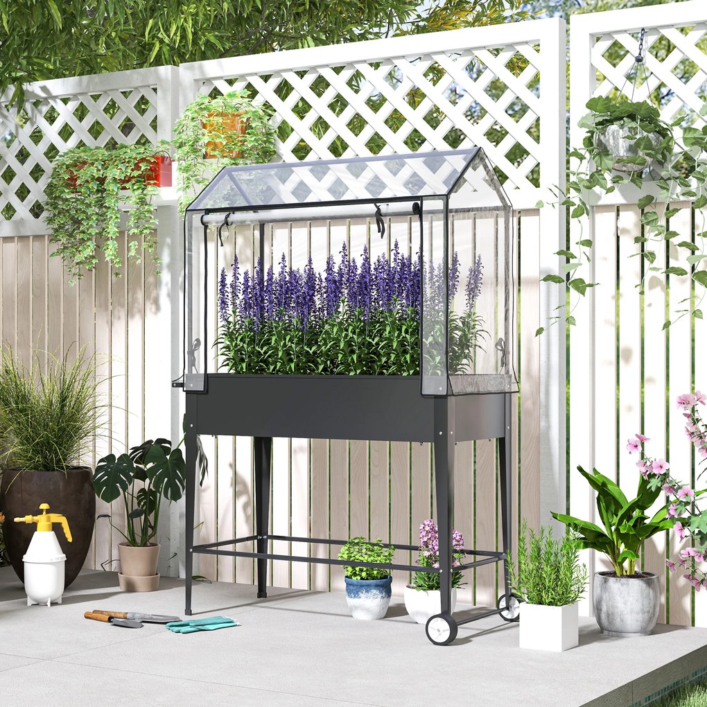Floreira de horta sobre pés com cobertura de PVC, floreira elevada com rodas e orifício de drenagem, 100 x 45 x 152 cm, preto