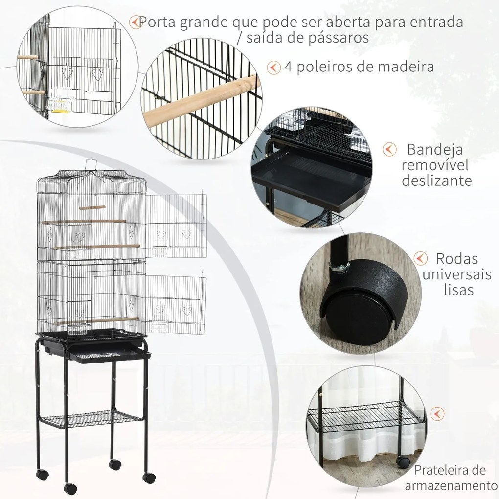 PawHut Gaiola para Passáros com Suporte Gaiola Metálica de Aves Canários com 4 Rodas Portas 4 Comedouros 3 Poleiros Bandeja Removível e