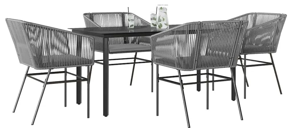 Conjunto jantar jardim 5 peças almofadas vidro vime cinzento PE