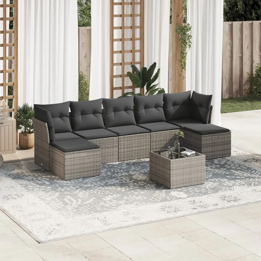 8 pcs conjunto sofás de jardim c/ almofadões vime PE cinzento