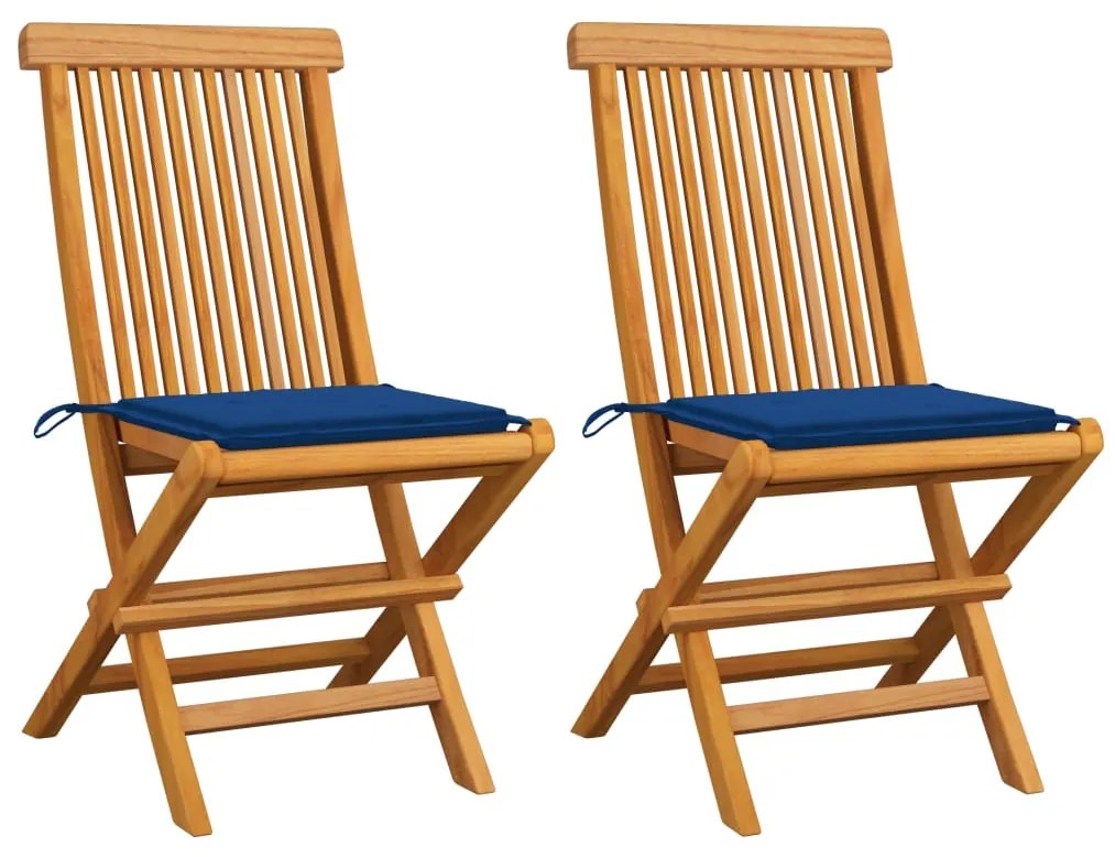 3062470 vidaXL Cadeiras de jardim c/ almofadões azul real 2 pcs teca maciça